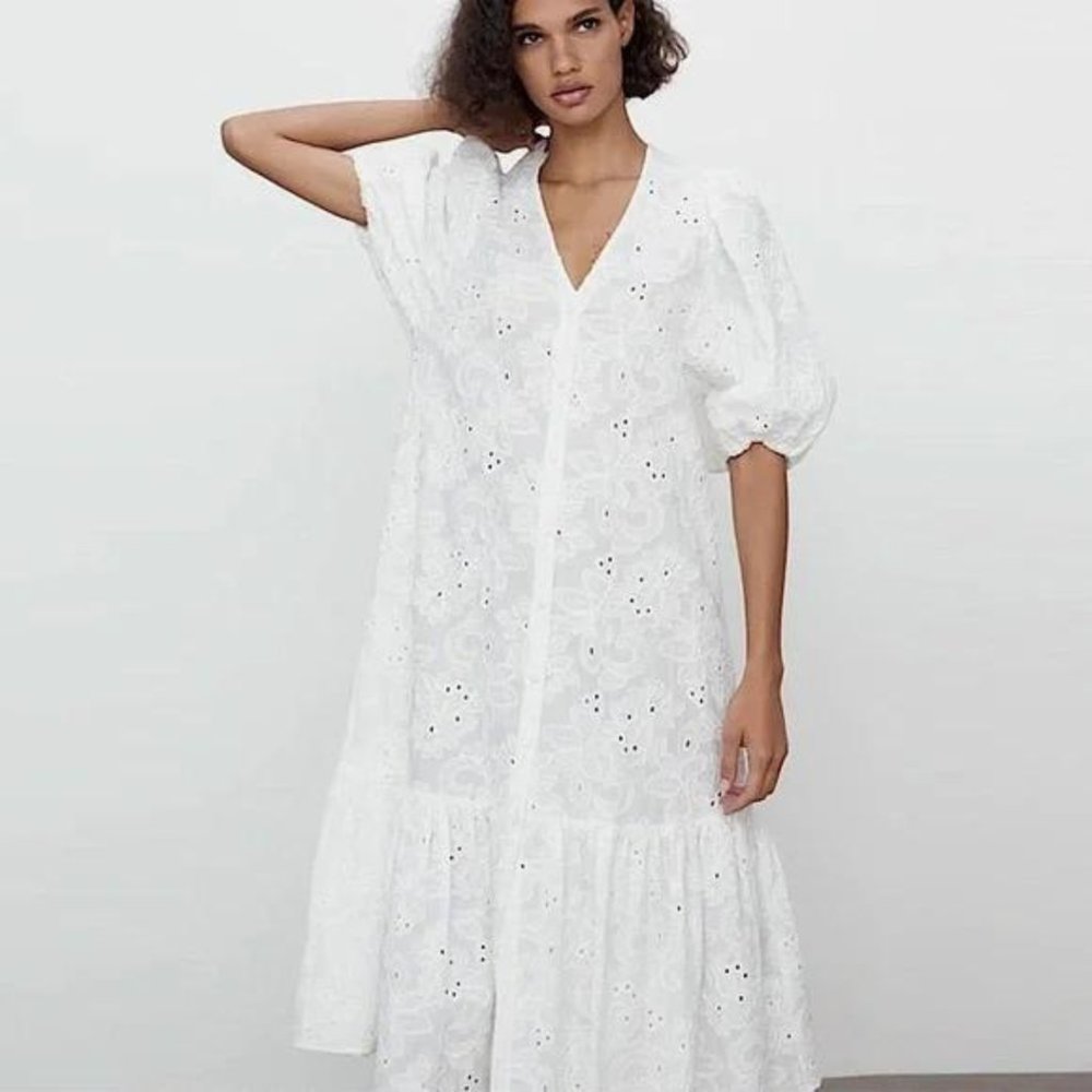 Zara Embroidered Eyelet Dress Puff